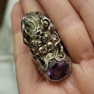 Vintage Large Nepal Dragon Amethyst Purple Sterling Silver Ring Size 9.75 13g